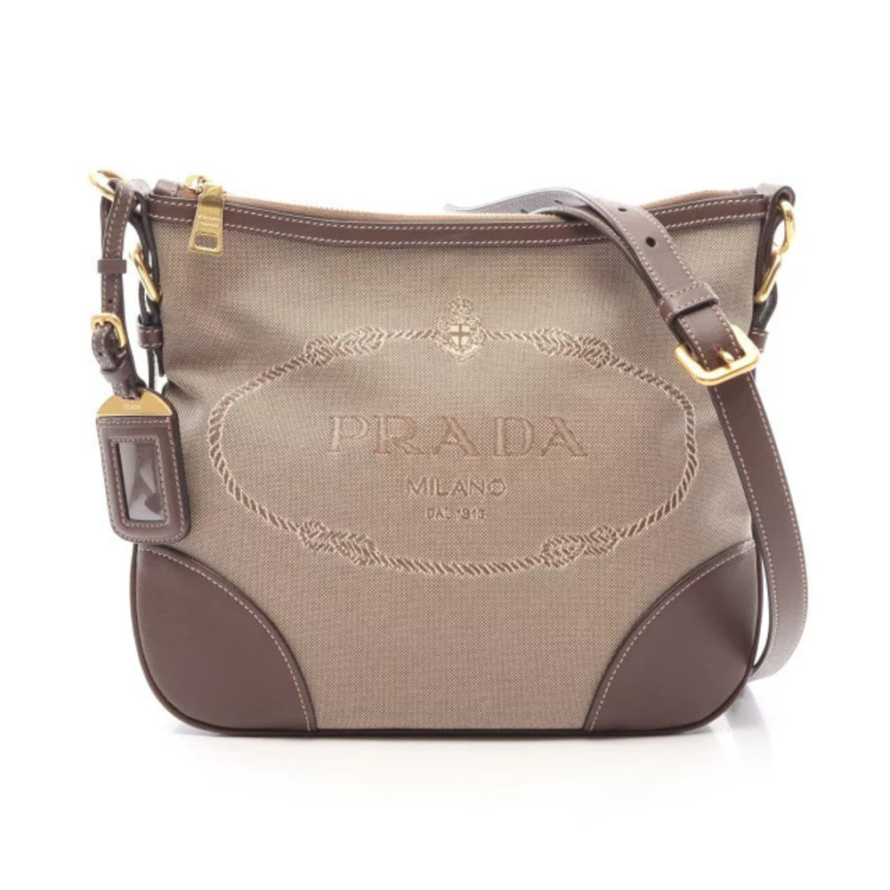 Prada Jacquard Shoulder Bag Canvas Leather Beige Cream Brown